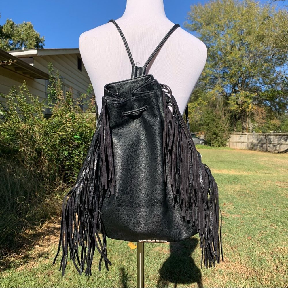 Victoria’s Secret Black Faux Leather Fringe Bucket Bag Backpack Purse